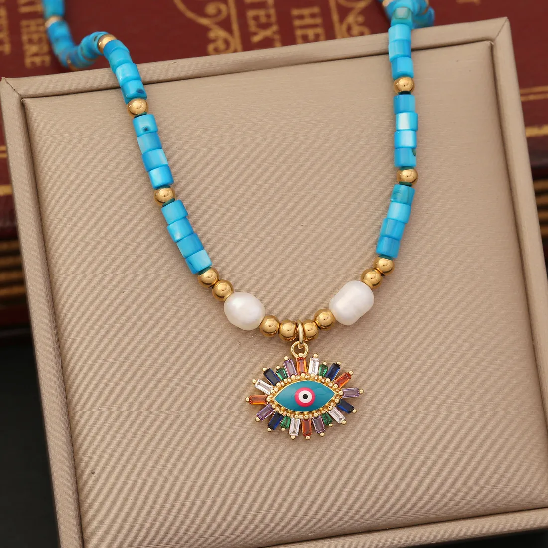 Women'S Fashion Multicolor Natural Pearl Zircon Eye Pendant Necklace