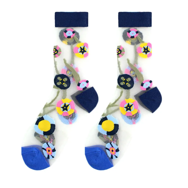 Spring And Summer Women Thin Mid-Tube Fashion Flower Mesh Socks