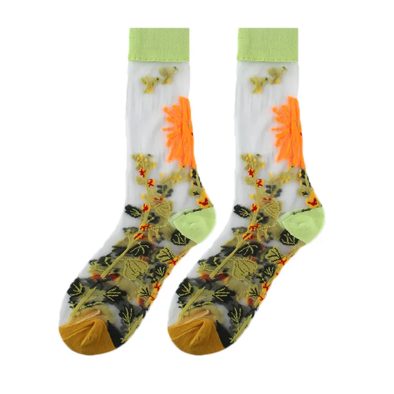 Spring And Summer Women Thin Mid-Tube Fashion Flower Mesh Socks