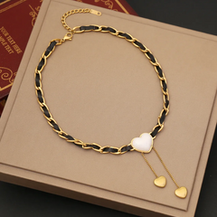 Women'S Fashion Pearl Butterfly Pendant Leather Rope Stainless Steel Necklace