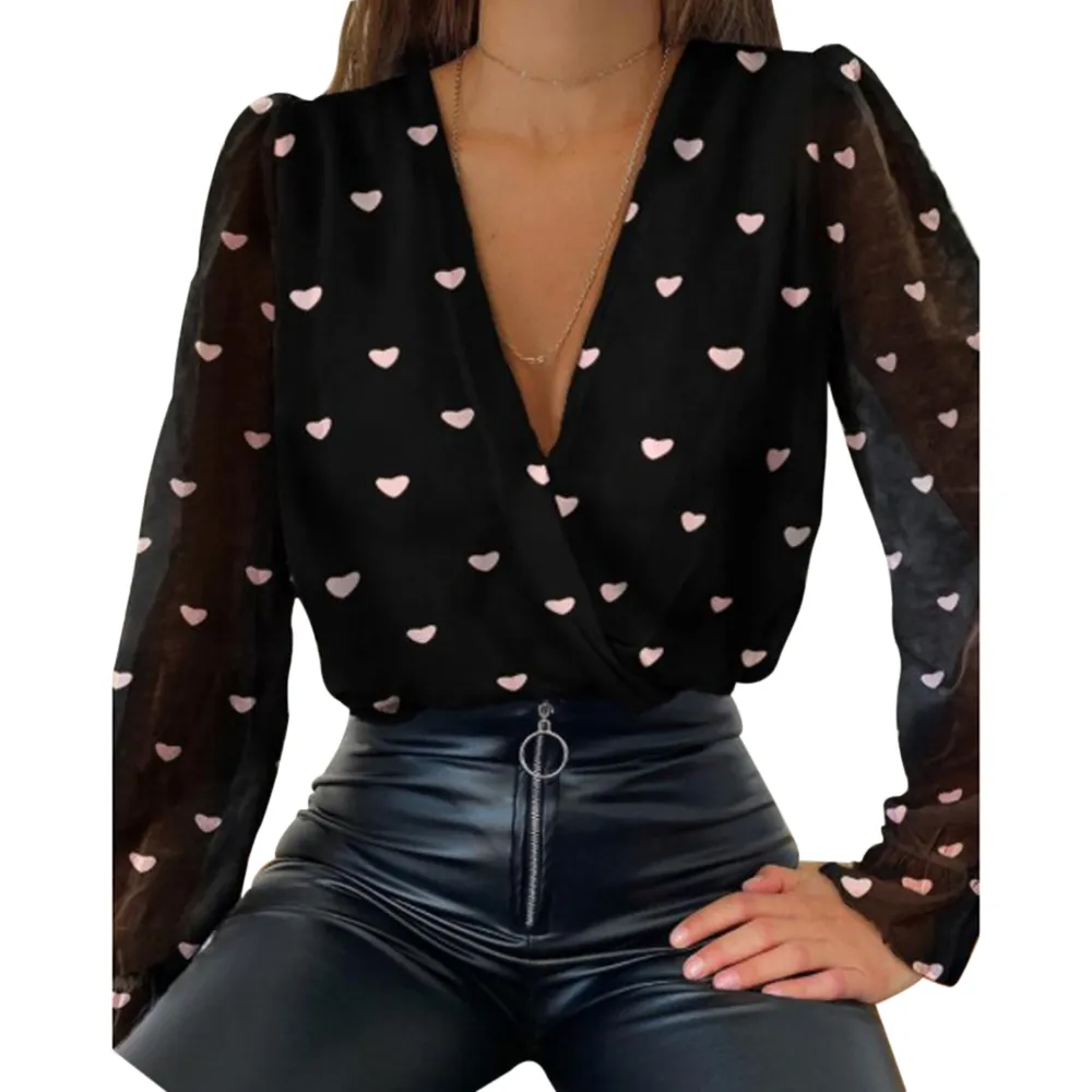 Women Elegant V Neck Fashion Long Sleeve Chic Polka Dot Solid Color Mesh Blouses