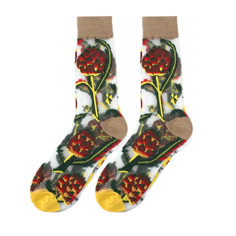 Spring And Summer Women Thin Mid-Tube Fashion Flower Mesh Socks