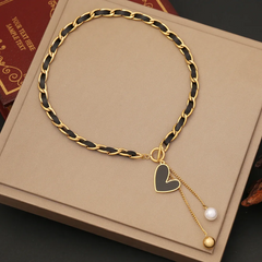 Women'S Fashion Pearl Butterfly Pendant Leather Rope Stainless Steel Necklace