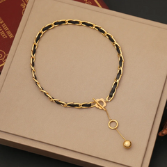 Women'S Fashion Pearl Butterfly Pendant Leather Rope Stainless Steel Necklace