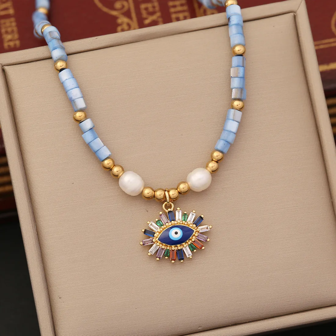 Women'S Fashion Multicolor Natural Pearl Zircon Eye Pendant Necklace