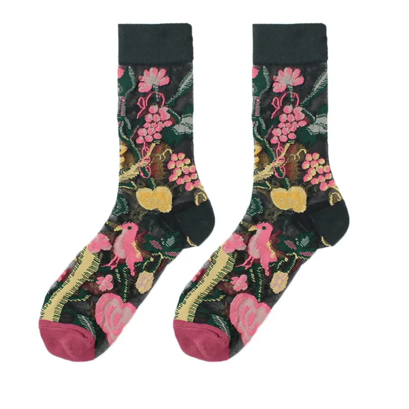 Spring And Summer Women Thin Mid-Tube Fashion Flower Mesh Socks