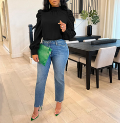 Women Fashion Solid Color Puff Sleeve Long Sleeve Blouses