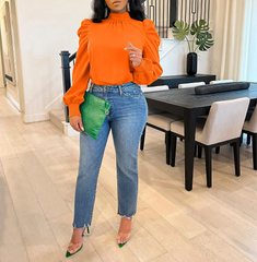 Women Fashion Solid Color Puff Sleeve Long Sleeve Blouses