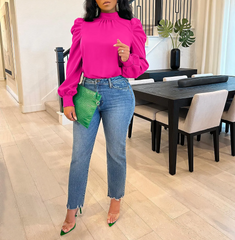 Women Fashion Solid Color Puff Sleeve Long Sleeve Blouses