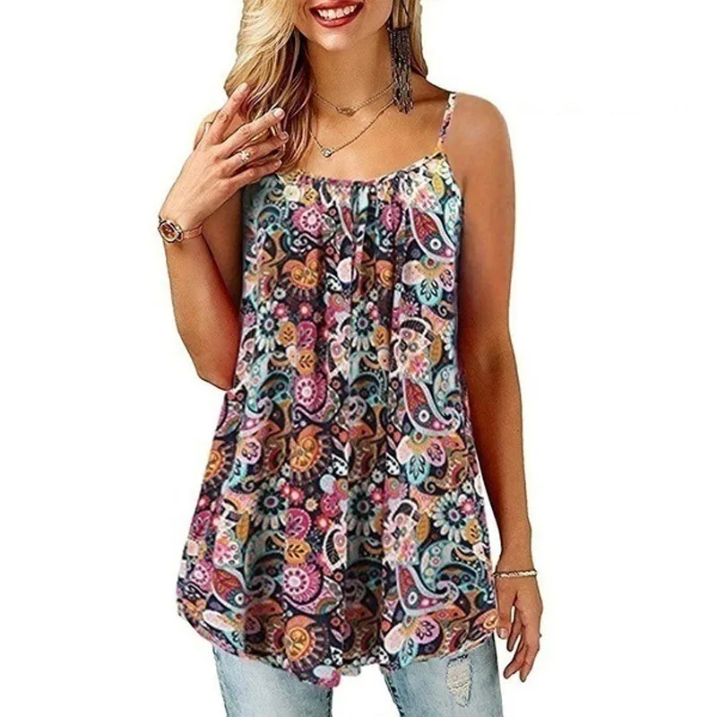 Women Summer Bohemian Floral Printed Sleeveless Casual Plus Size Loose Dress
