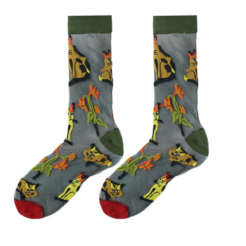 Spring And Summer Women Thin Mid-Tube Fashion Flower Mesh Socks