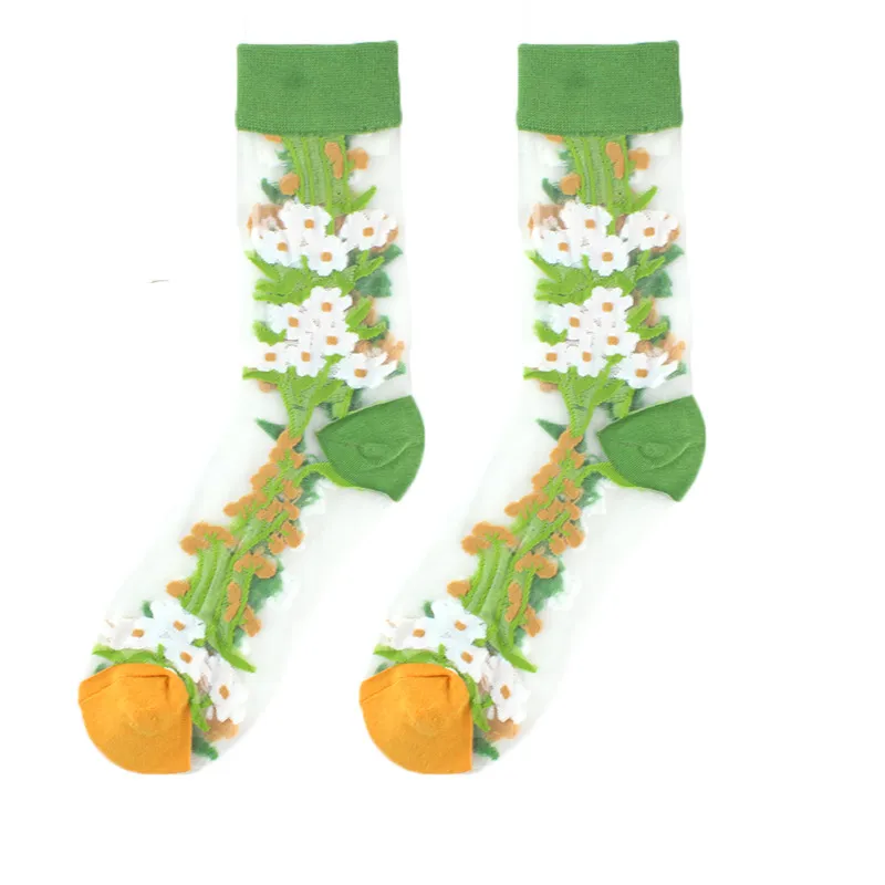 Spring And Summer Women Thin Mid-Tube Fashion Flower Mesh Socks