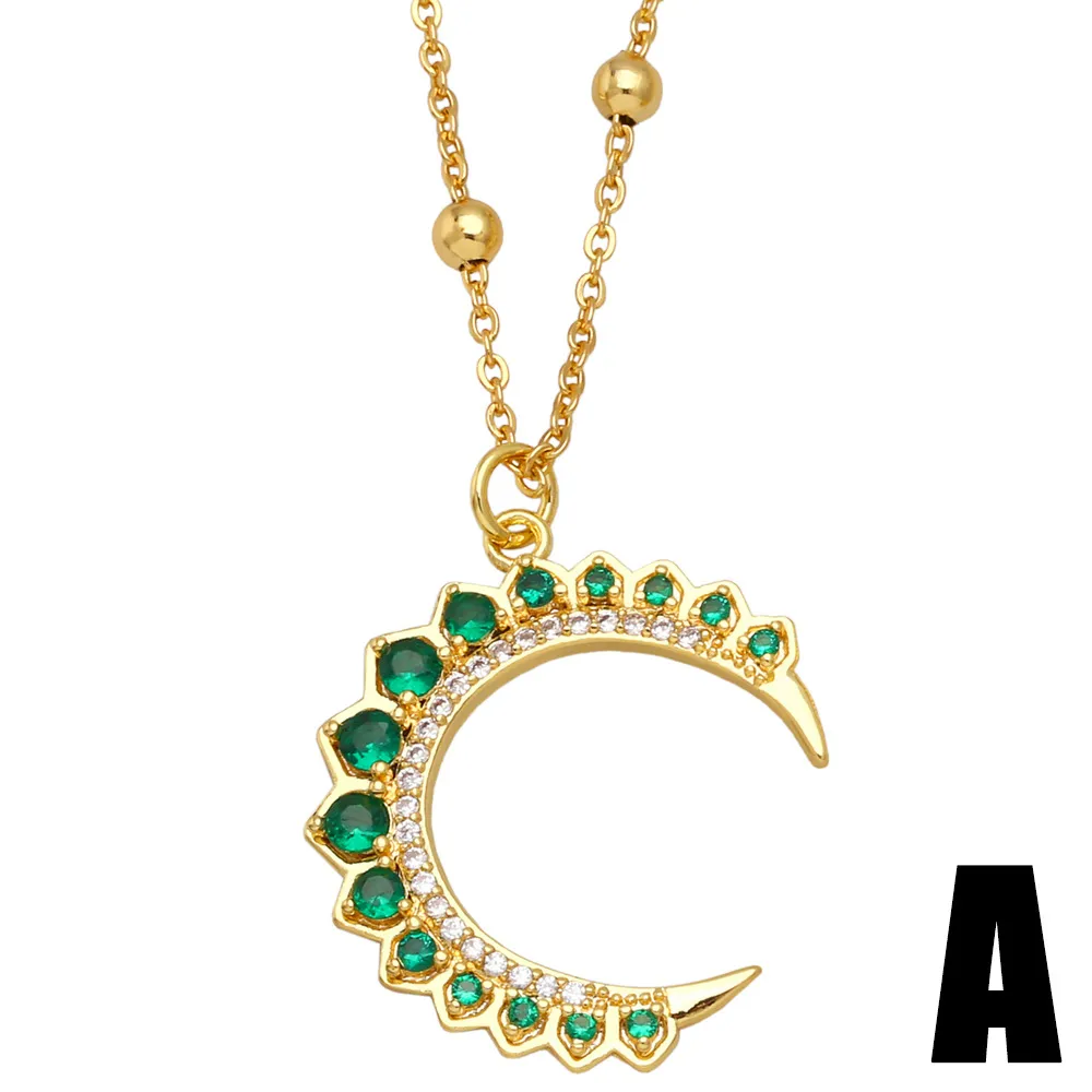Women Fashion Geometric Heart Moon Green Zircon Necklace