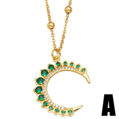 Women Fashion Geometric Heart Moon Green Zircon Necklace