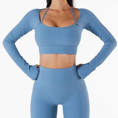 Women'S Fashion Solid Color Halter Neck Slim-Fit Fitness Tight Sports Long Sleeve Top