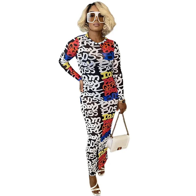 Women Sexy See-Through Graphic Printing Bodycon Dresses