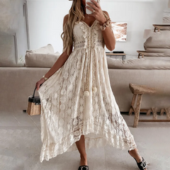 Summer Women Fashion Casual V-Neck Lace Irregular Strap Maxi Dress