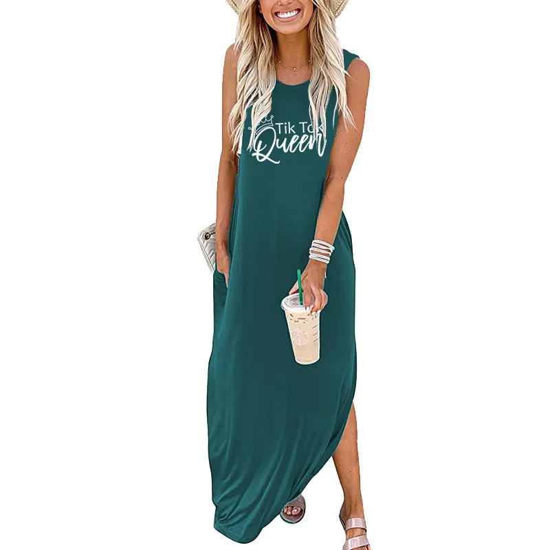 Women Fashion Casual Queen Letter Print Sleeveless Maxi Dress