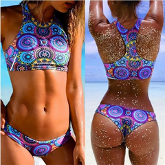 Women Boho Vacation Multicolor Circle Totem Triangle Bikini Swimsuit Two-Piece Set