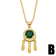 Women Fashion Geometric Heart Moon Green Zircon Necklace