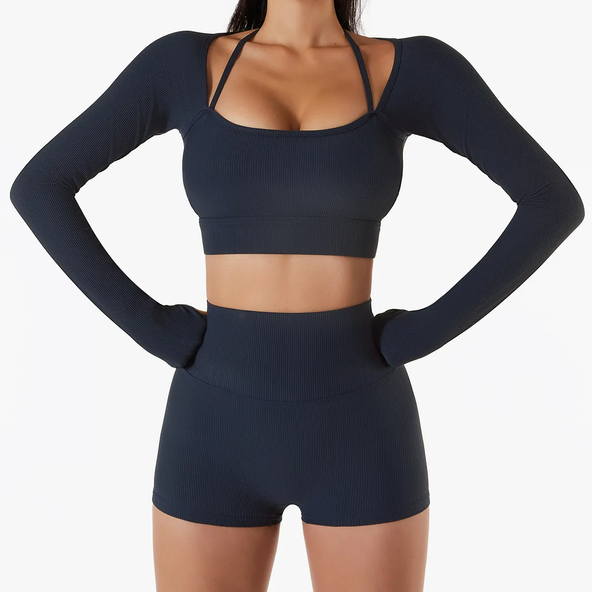 Women'S Fashion Solid Color Halter Neck Slim-Fit Fitness Tight Sports Long Sleeve Top