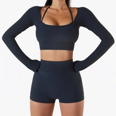 Women'S Fashion Solid Color Halter Neck Slim-Fit Fitness Tight Sports Long Sleeve Top