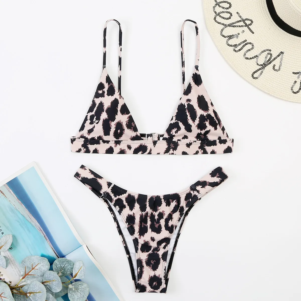 Women Fashion Three-Point Leopard Print Sexy Bikini Swimsuit Set