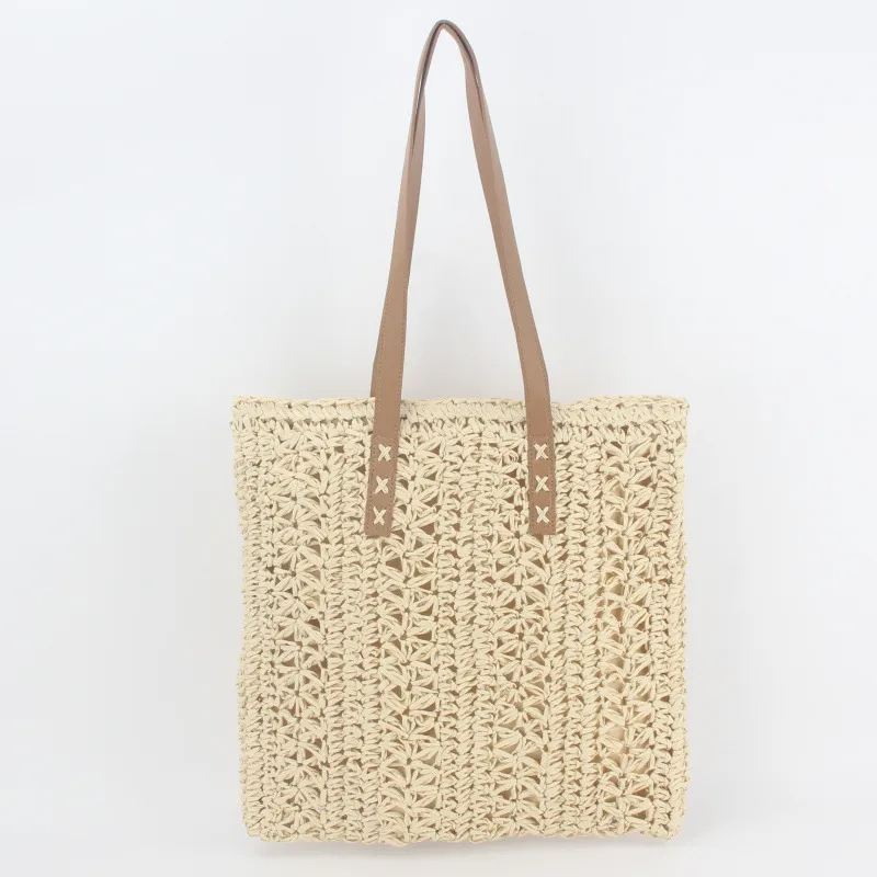 Women Pastoral Design Solid Color Straw Large Capacity Woven Shoulder Handle Bag