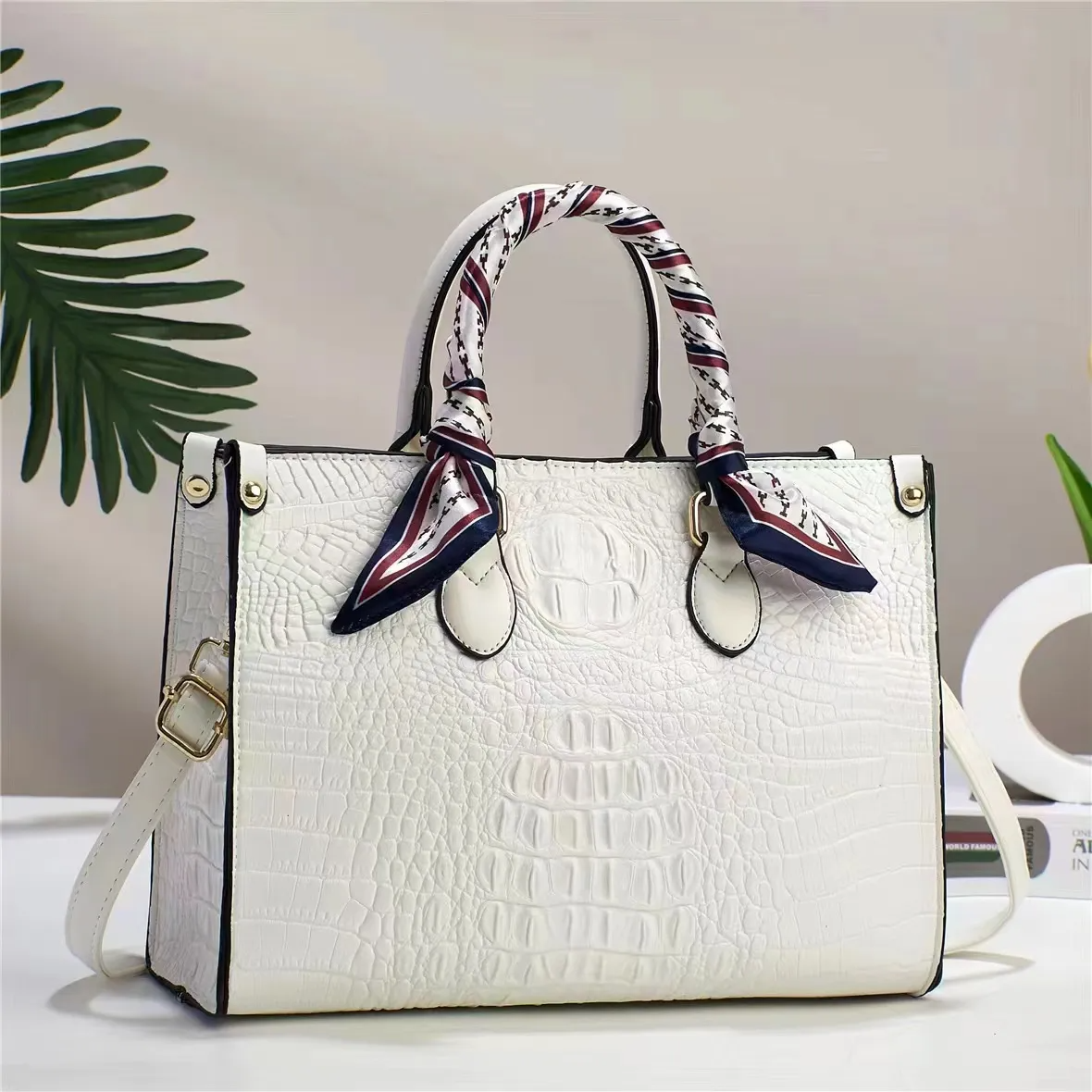 Women Simple Crocodile Print Large Capacity Silk Scarf Embellished Tote