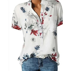 Women Elegant Fashion Loose Casual Short Sleeves Tiny Flower Print V Neck Blouse