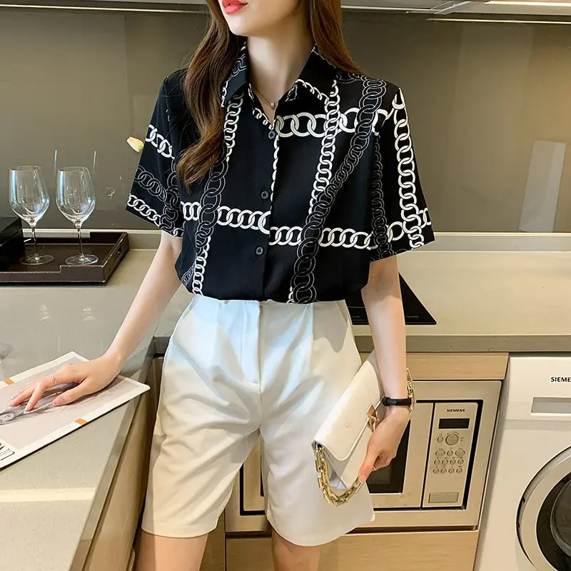 Women Fashion Graphic Printed Lapel Blouse