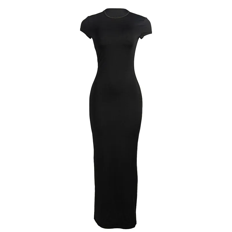 Women Fashion Solid Color Round Neck Short Sleeve Maxi Dress