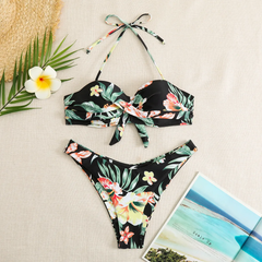 Women Fashion Sexy Halter Neck Tube Top Solid Color Swimsuit Two-Piece Set