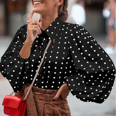 Women Fashion Single Breasted Polka Dot Printed Lantern Sleeve Blouse