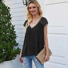 Women V-Neck Short-Sleeve Lace Patchwork Loose Blouse