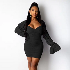 Women Fashion Solid Color Flare Sleeve Crease Dress