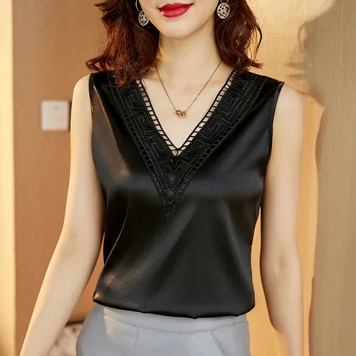 Women Satin Lace Patchwork Sleeveless V Neck Elegant Blouse