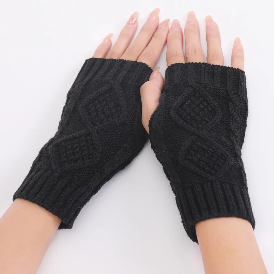 Women Winter Causal Solid Color Knitted Warm Fingerless Gloves