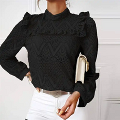 Women Chic Mock Neck Lace Patchwork Ruffle Blouse