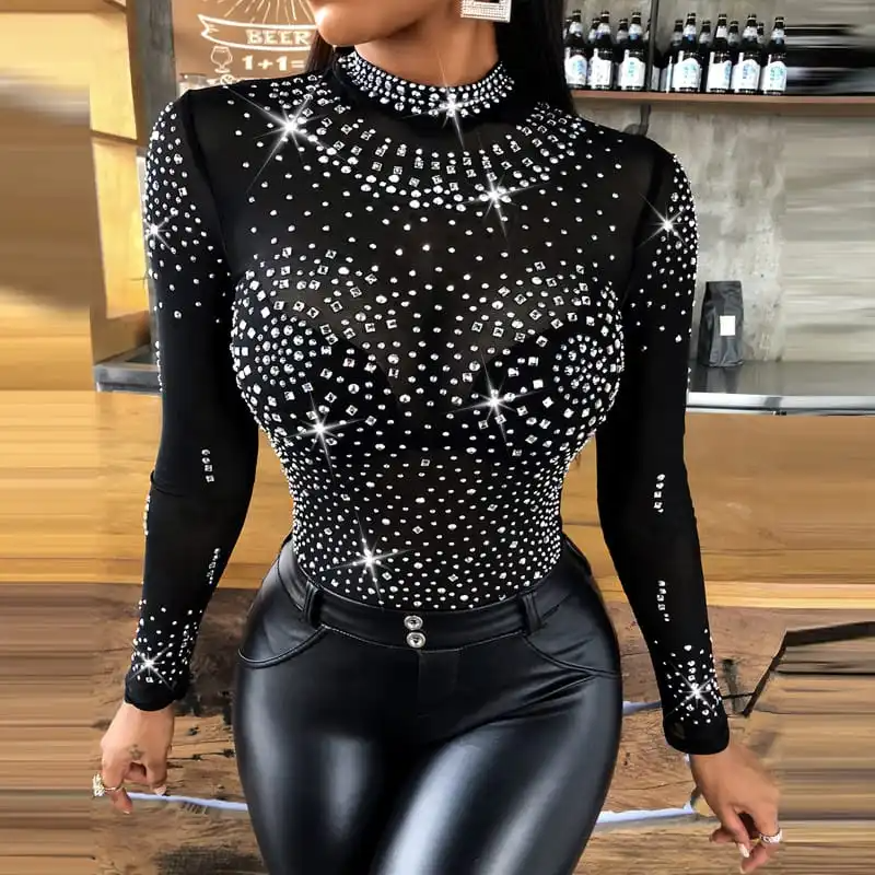 Women Fashion Mock Neck Rhinestone Decor Mesh Top