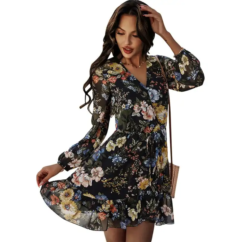 Women Fashion Flower Printed V Neck Wrap Dress