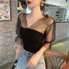 Women Fashion Mesh See Through Patchwork Rib-Knit Top