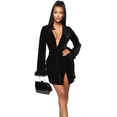 Women Sexy Pleuche Solid Color V Neck Dress