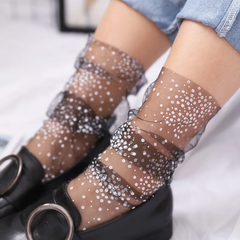 Women Fashion Spring Floral Printed Tulle Summer Mesh Piled Socks