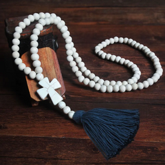 Hot Sale Vintage Pattern White Wooden Beads Cross Tassel Pendant Necklace