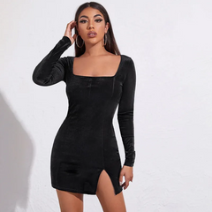 Side-Slit Square Neck Temperament Velvet Long-Sleeved Bodycon Dress