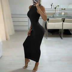 Women Fashion Solid Color Round Neck Sleeveless Slim Fit Dress