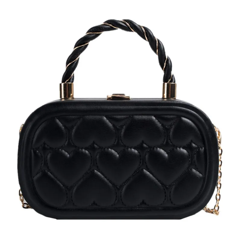 Women Fashion Solid Color Heart Quilted Lock Chain Handle Crossbody Bag
