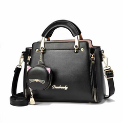Women Fashionable Solid Color Cat Pendant Large Capacity Square PU Handbag