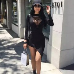 Women Sexy Solid Color Irregular Hem Hollow Dress
